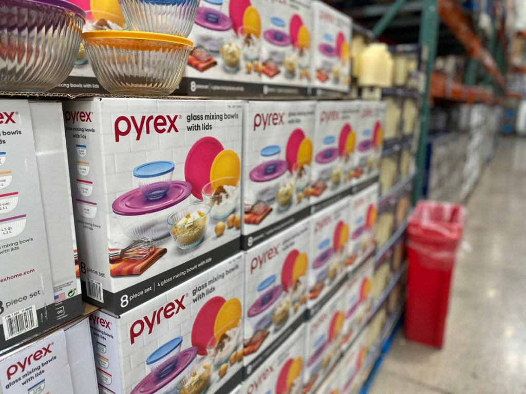 store shelf with boxes of bowls from Pyrex brand