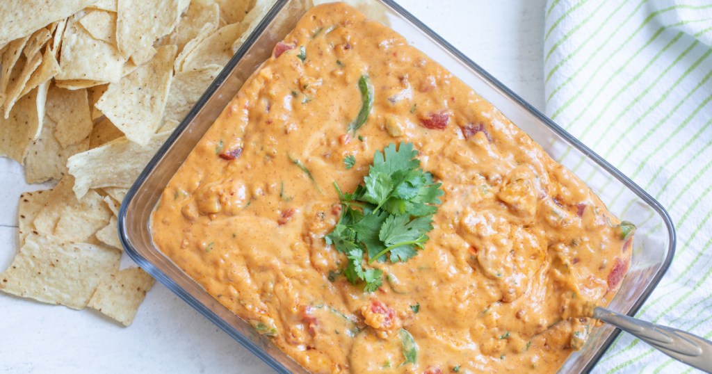queso dip in pan with chips