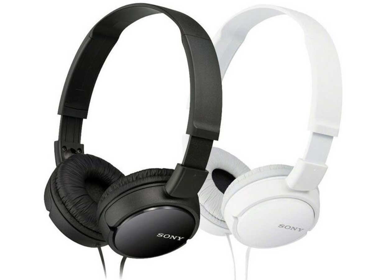 two stock images of black and white sony over ear headphones