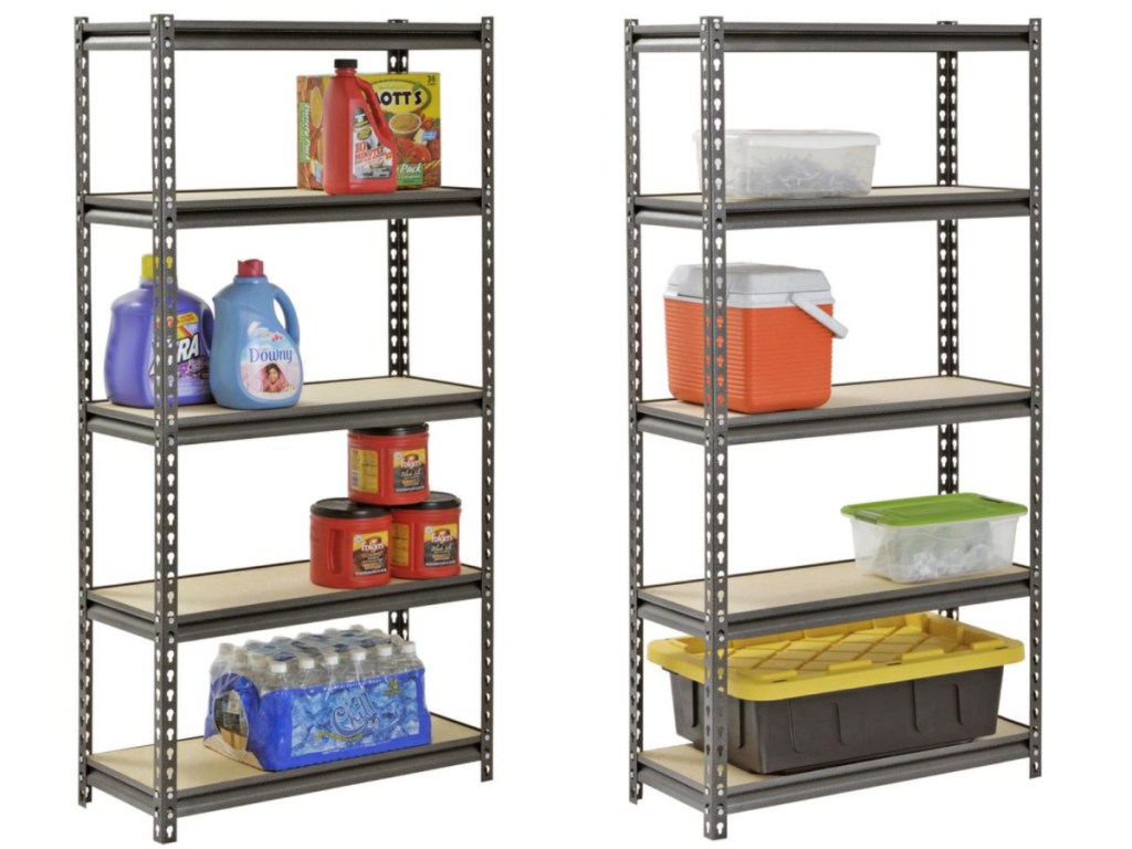 metal shelving unit with household products and boxes sitting on them 