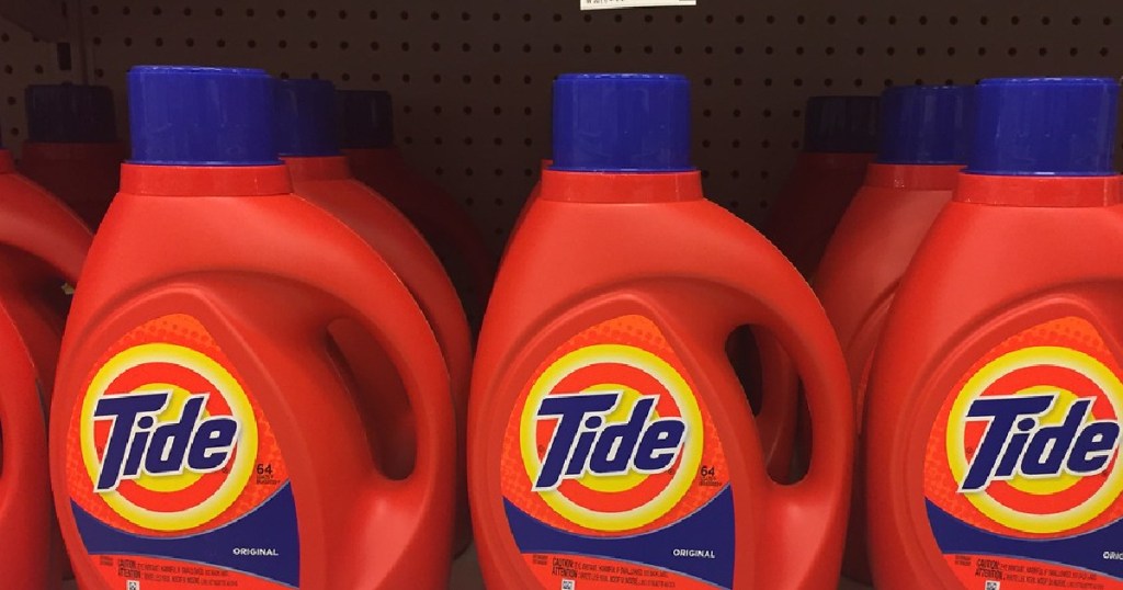 row of Tide products on a shelf