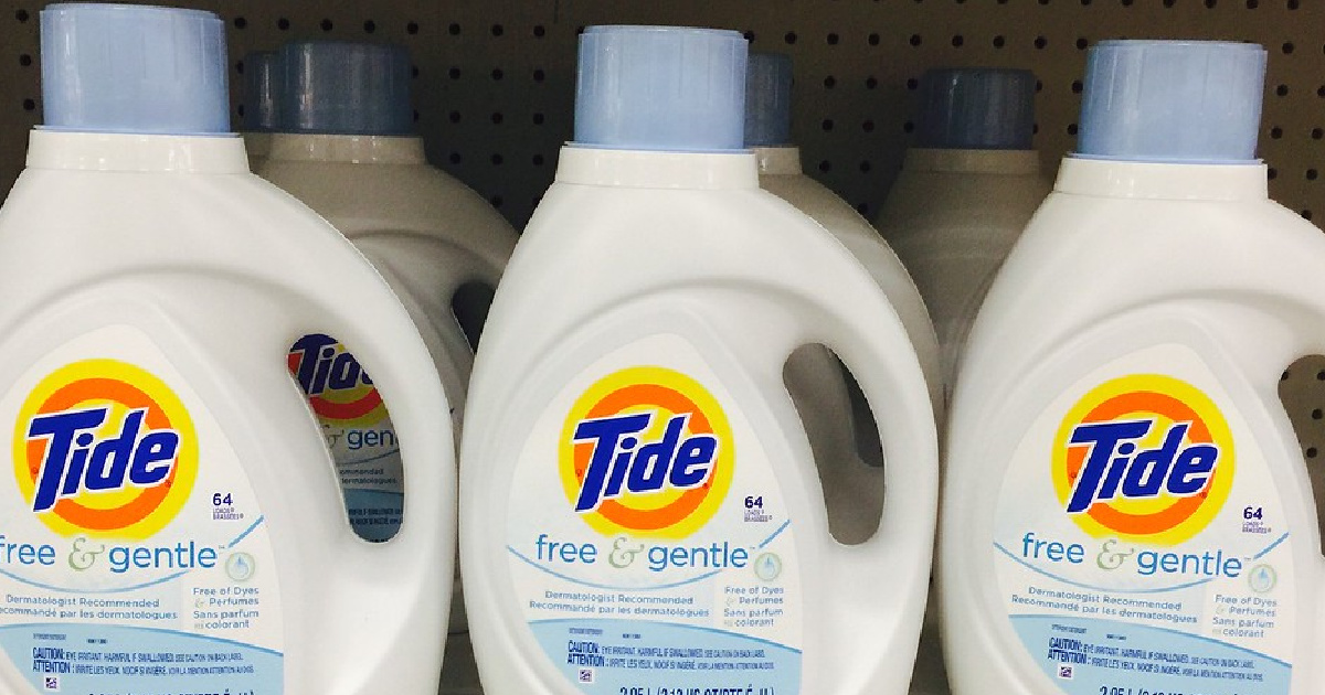3 bottles of tide free and gentle on a store shelf