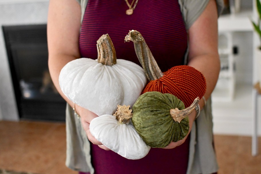 woman holding velvet pumpkins