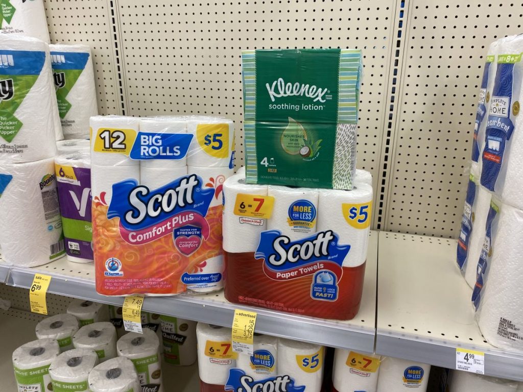 Scott paper products and Kleenex on store shelf
