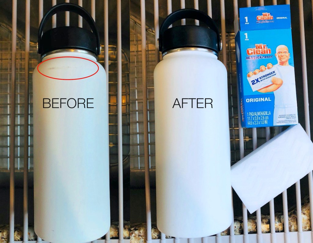 how to clean water bottles before and after of white reusable water bottle next to mr clean magic eraser