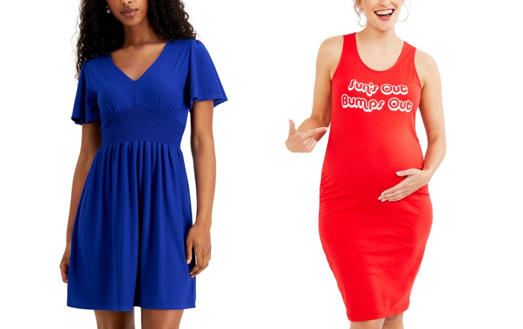 woman wearing a blue dress and pregnant woman wearing sun's out bumps out dress
