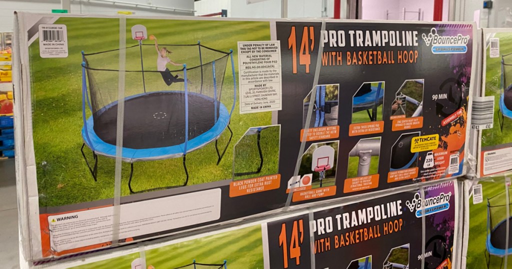 giant box in a store containing parts for a trampoline