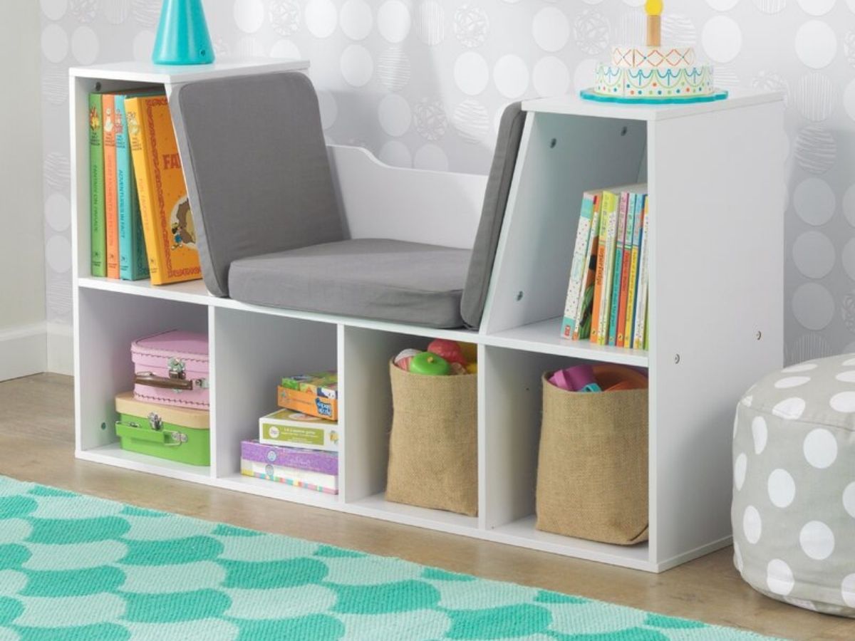 white shelf and bench with kids storage