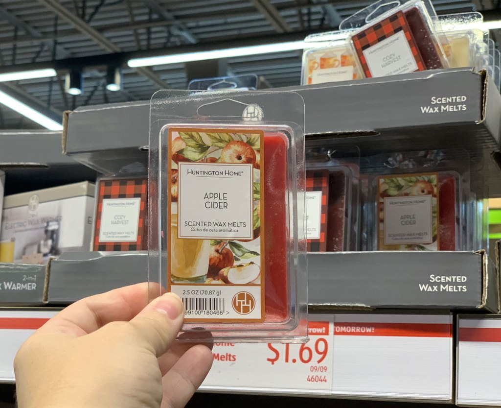 person holding up package of apple cider scented wax melts with other scents in background
