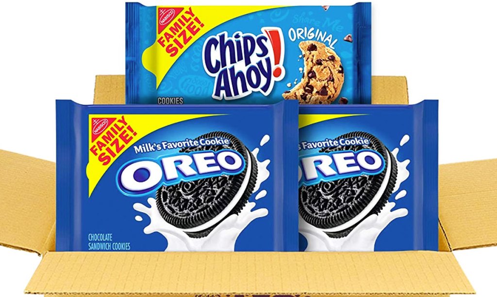 shipping box with family size pack of chips ahoy cookies and two family size oreos