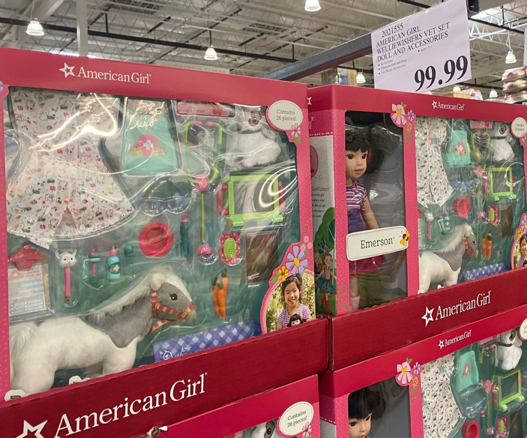American Girl dolls and veterinarian sets on display at costco