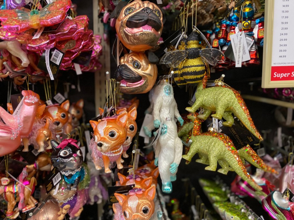 animal ornaments hanging in store