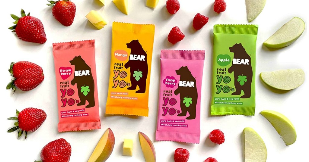 BEAR Real Fruit Yoyos packages surrounded by fruit