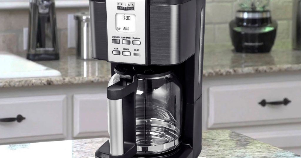 black stainless steel 14-cup coffee maker on kitchen counter