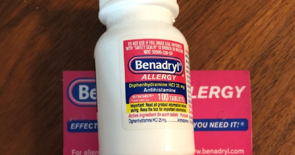 bottle and package of Benadryl Allergy Tablets