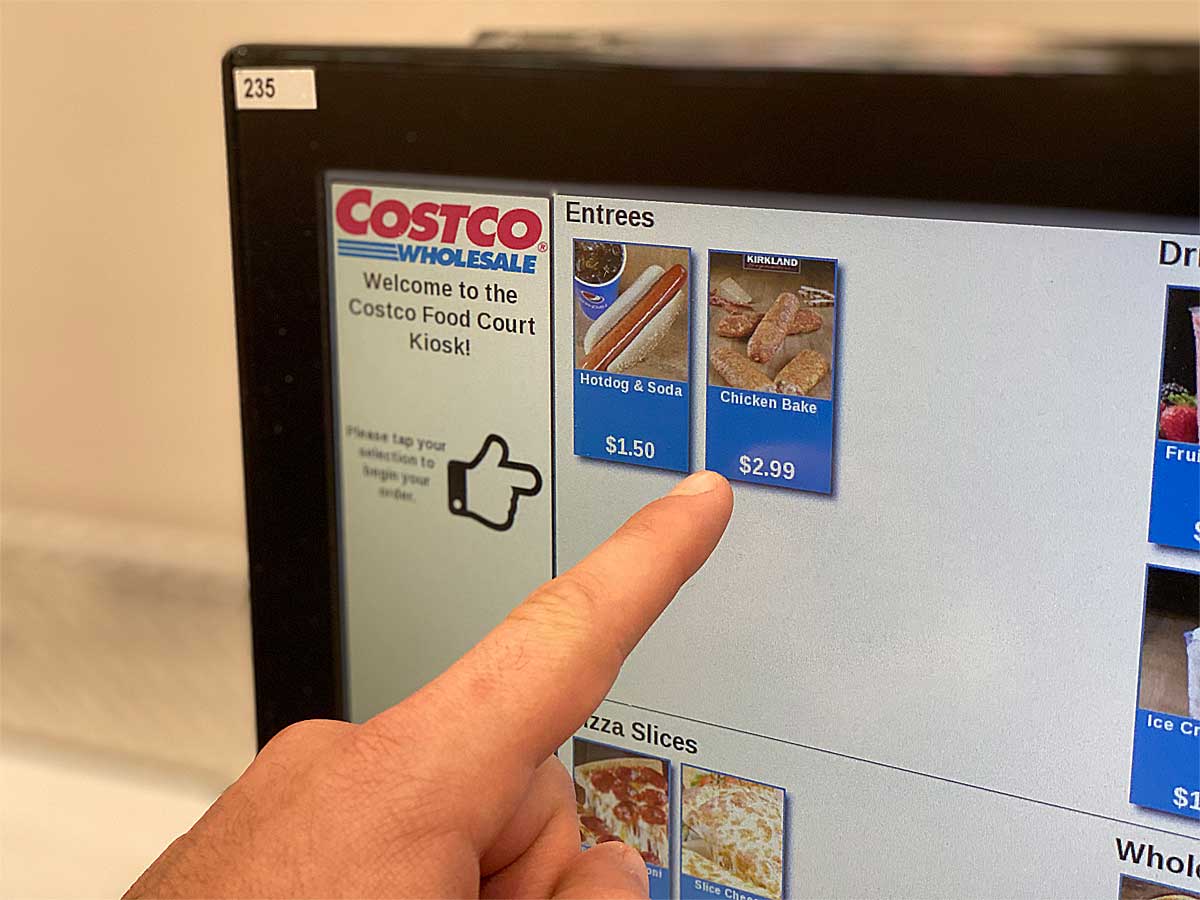 Touch screen with Costco food choices on it