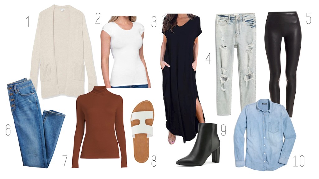 capsule wardrobe pieces on white background with numbers