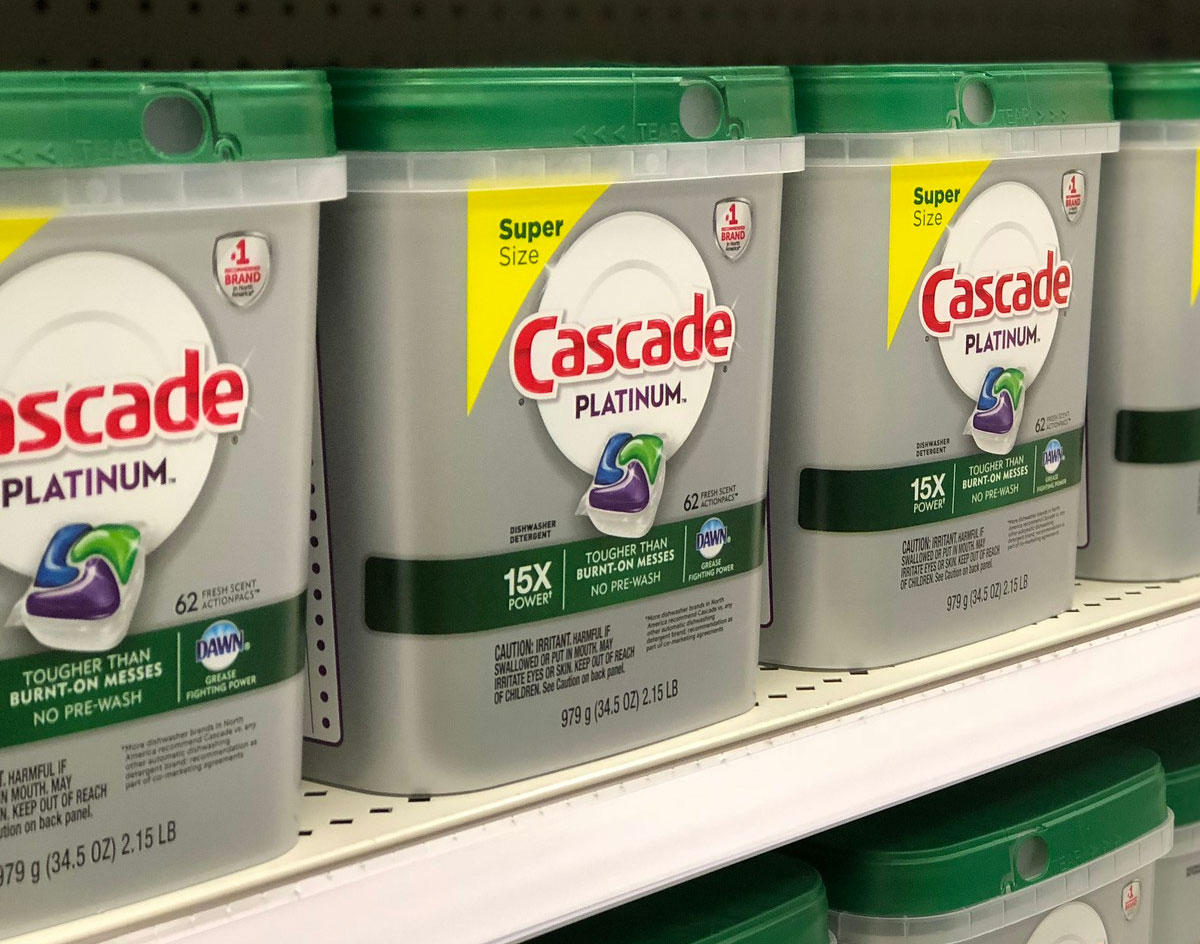 large containers of cascade platinum dishwasher detergent tablets on Target store shelf