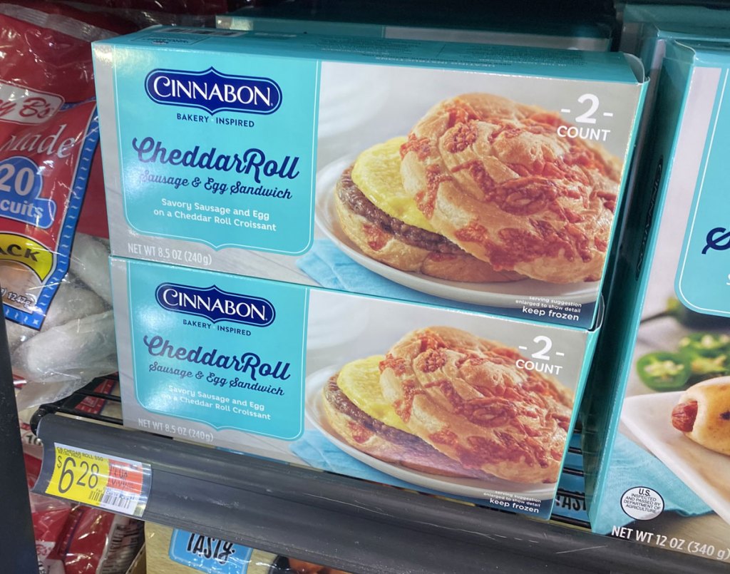 blue boxes od Cinnabon cheddar roll breakfast sandwiches on walmart freezer shelf