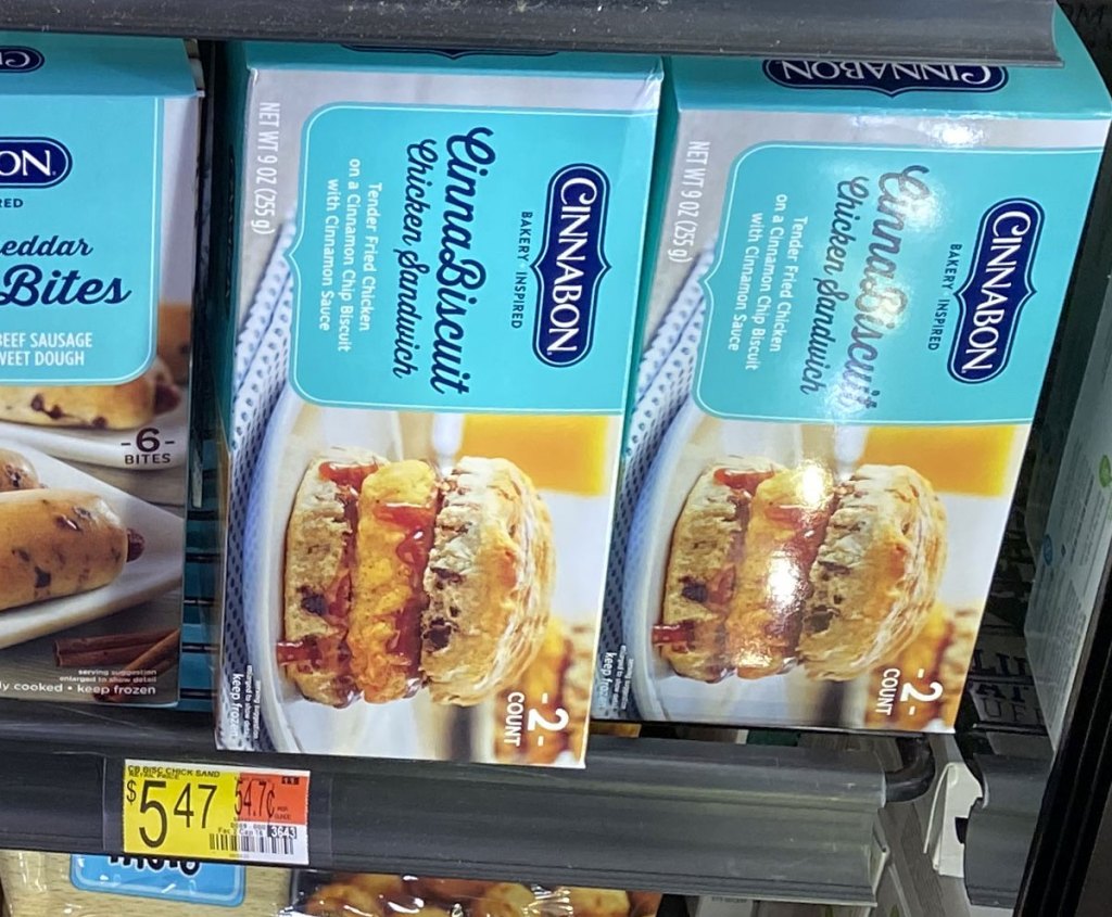 blue boxes of Cinnabon chicken breakfast sandwiches on walmart freezer shelf