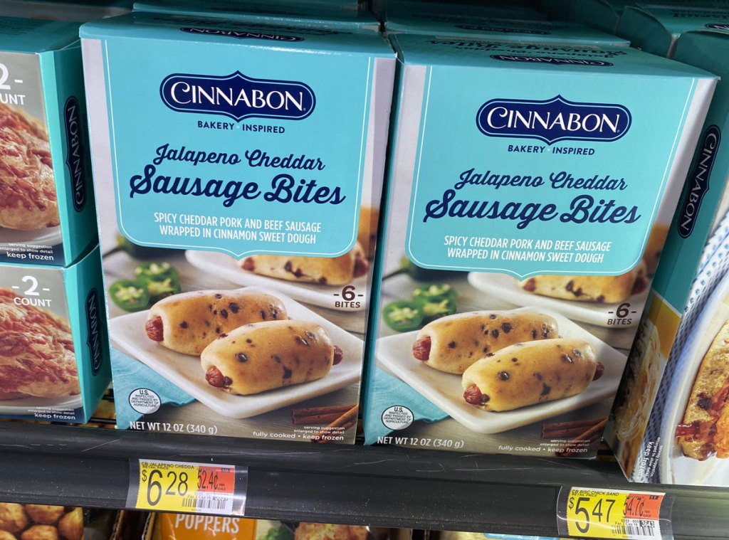blue boxes of Cinnabon jalapeno cheddar breakfasts bites on walmart freezer shelf