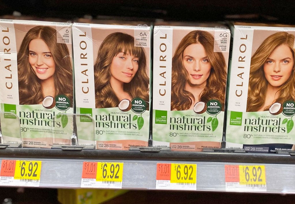 boxes of Clairol Natural Instincts hair color on Walmart shelf