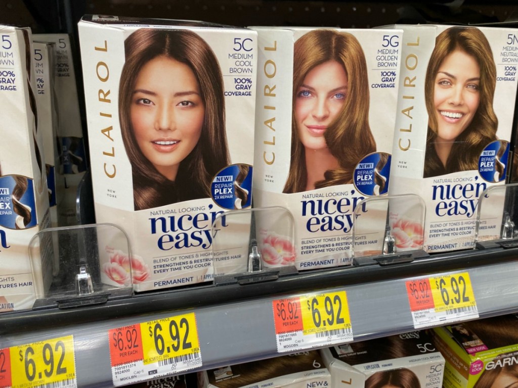 Boxes of Clairol Nice N Easy on Walmart shelves