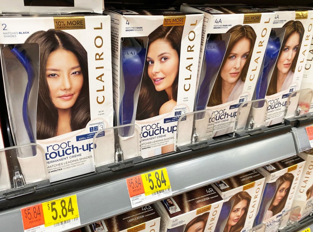 boxes of Clairol Root Touch-Up hair color on Walmart shelf