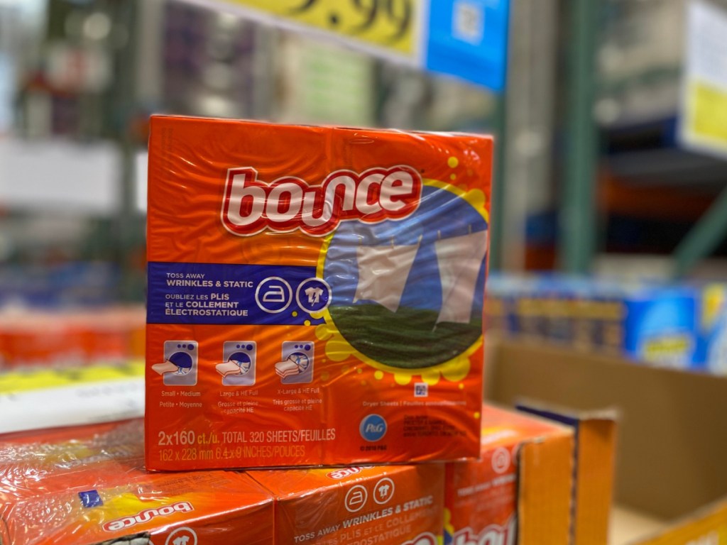 large box of bounce dryer sheets in-store at costco