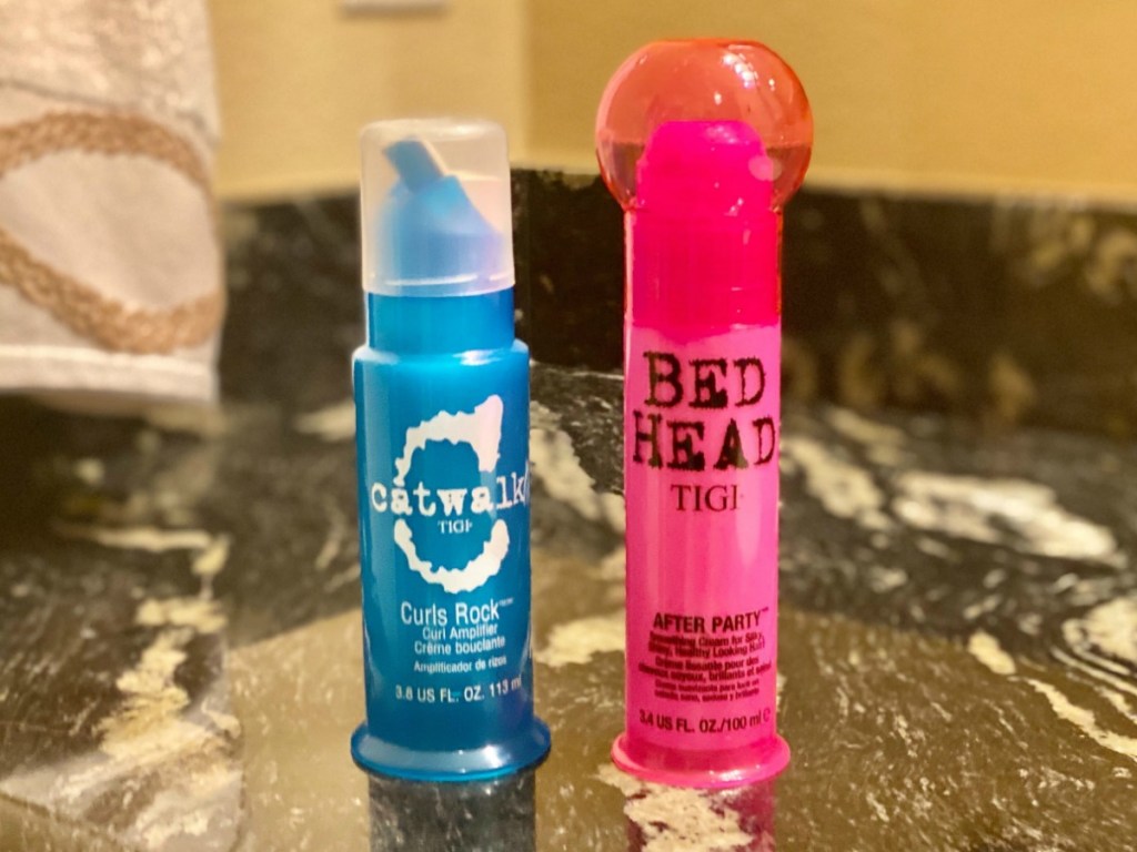 curls rock and after party hair products on a bathroom counter