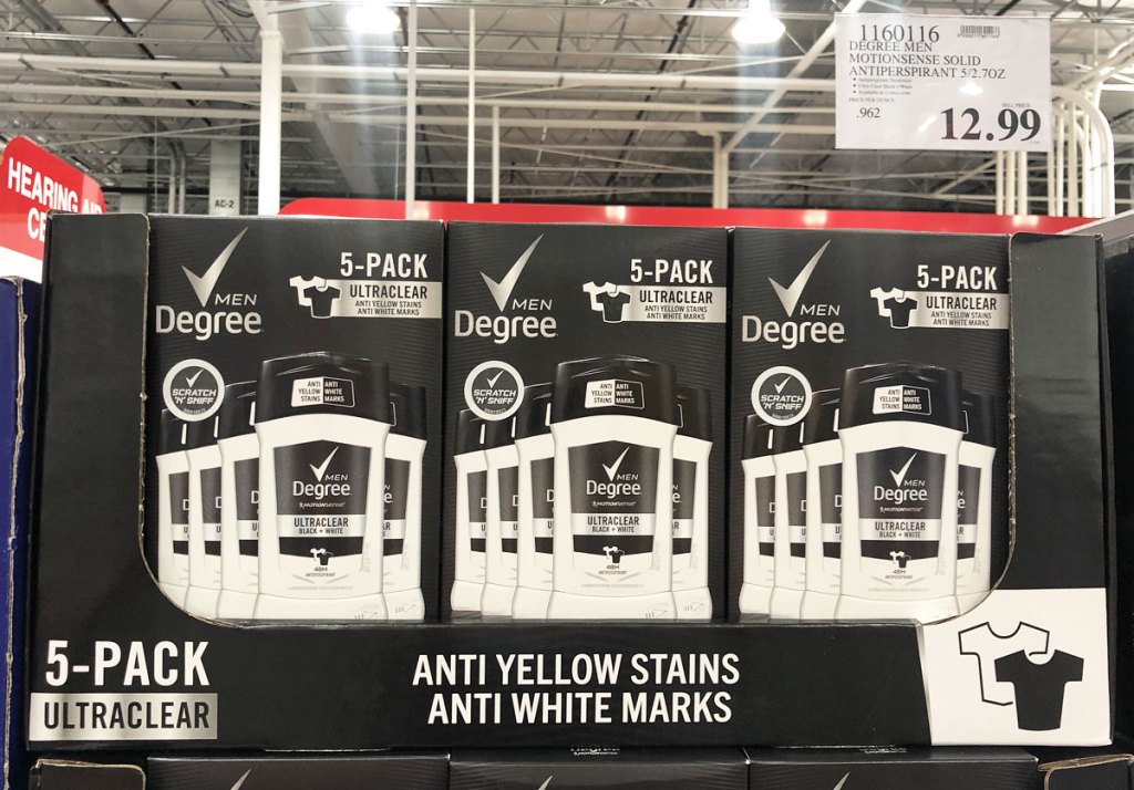 black and white 5-packs of degree men ultraclear deodorant on costco shelf