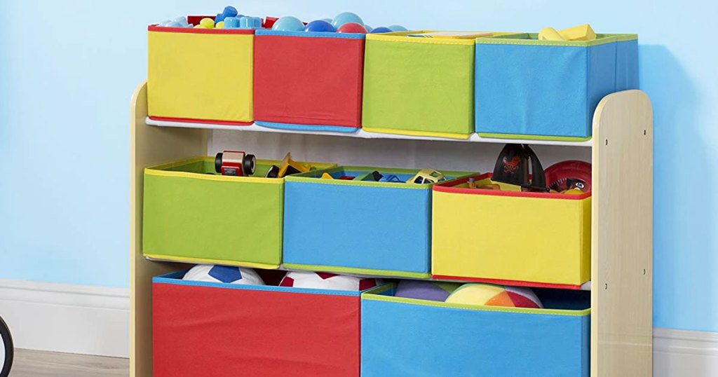 wood toy organizer with nine colorful fabric bins