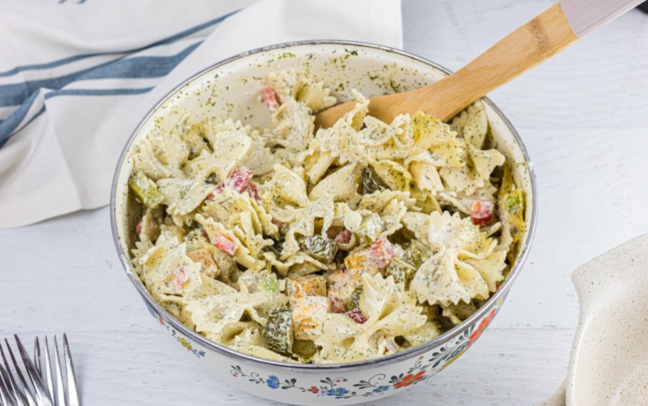 A bowl of Dill Pickle Pasta Salad