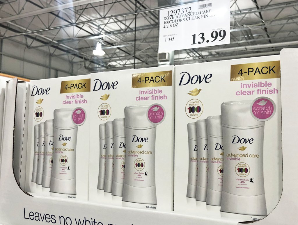 white 4-packs of dove advanced care deodorant on costco shelf