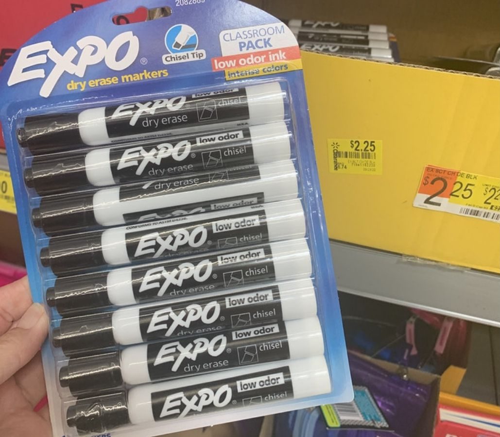 Expo Dry Erase Markers Classroom Pack in hand near in-store display