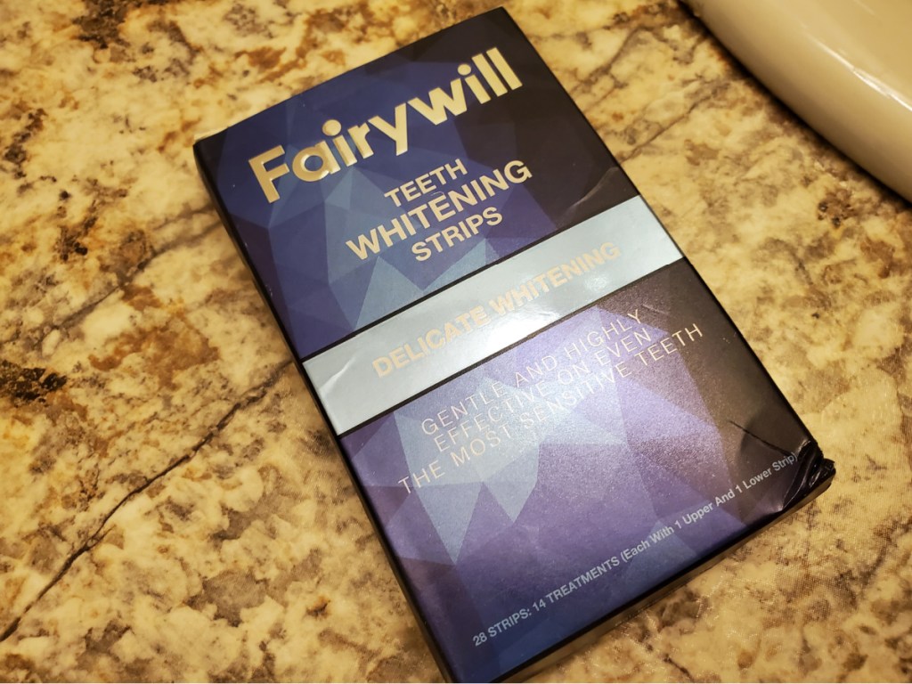 Fairywill Teeth Whitening Strips 28-count box on counter