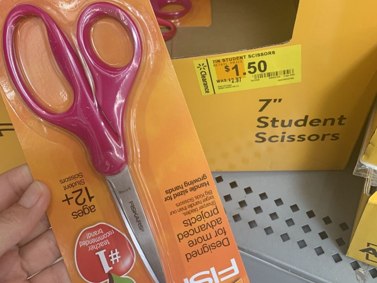 Fiskars 7-inch Scissors in package near in-store display