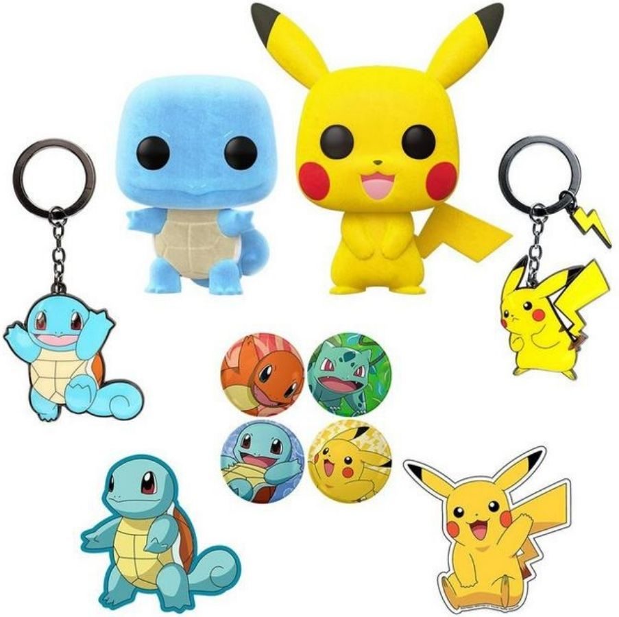 Pokemon Flocked Funko Pop Figures (2) , 2 keychains, two stickers and four pins