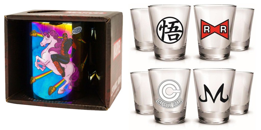 deadpool themed coffee mug and dragon ball z themed set of mini glasses