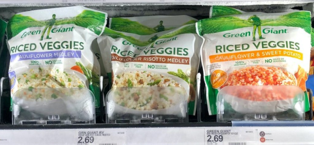 bags of frozen riced veggies in store