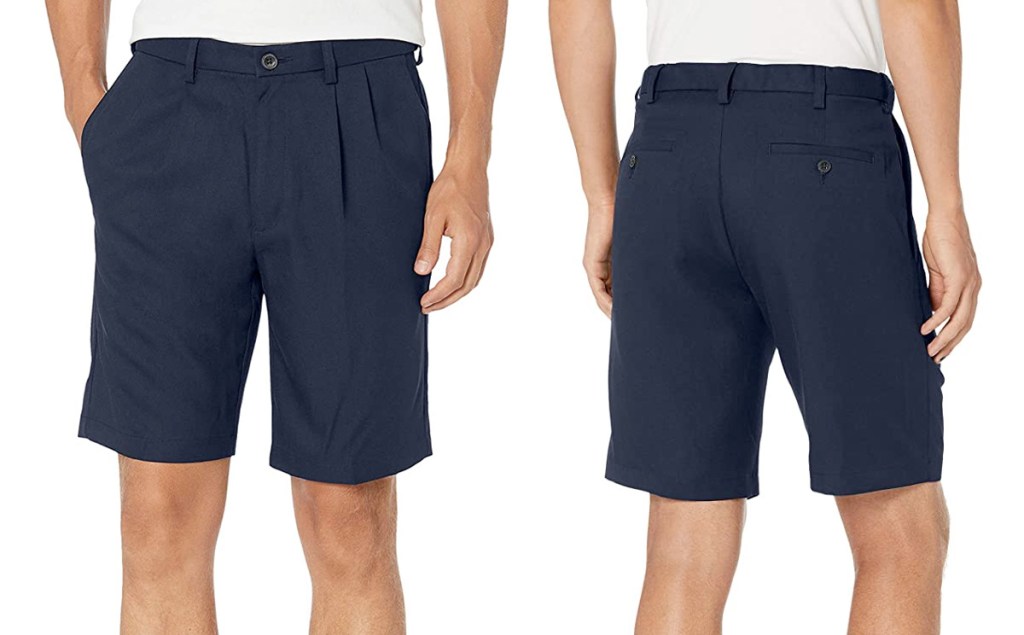 front and back views of a man modeling pair of navy blue shorts