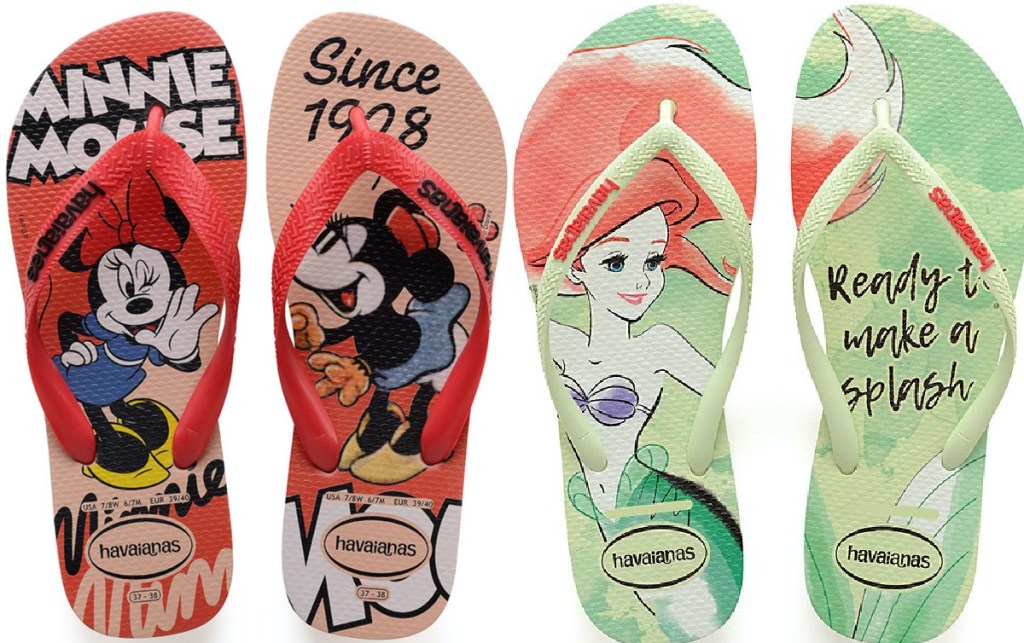 red Minnie Mouse flip flops and green Little Mermaid 