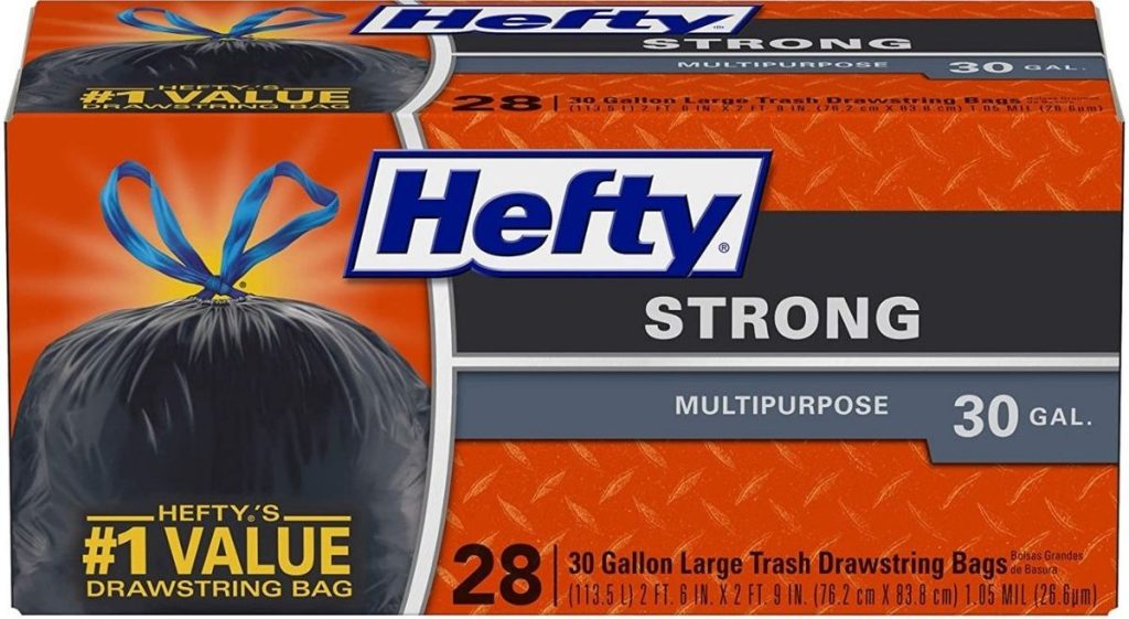 box of Hefty 30-gallon large black drawstring trash bags 28-count