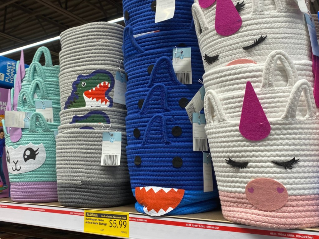 unicorn style rope bins, dinosaur style rope bins, and shark style rope bins on store shelf