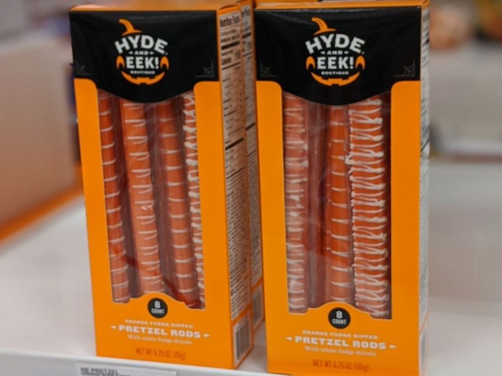 boxes of fudge covered pretzels on store shelf