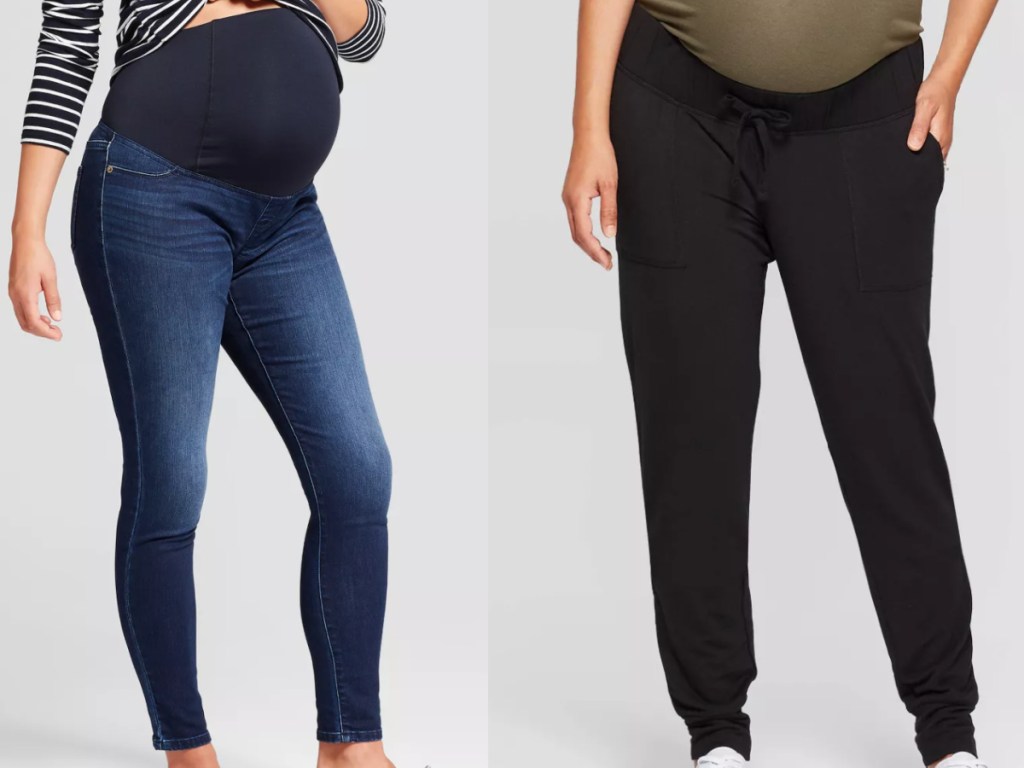 2 pregnant woman wearing maternity jeans and joggers