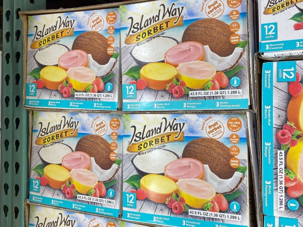 freezer case with boxes of Island Way Sorbet