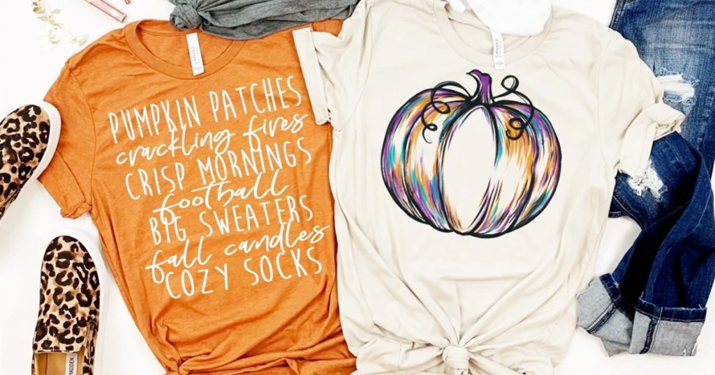 womens fall and pumpkin graphic tees styled with jeans and shoes next to them