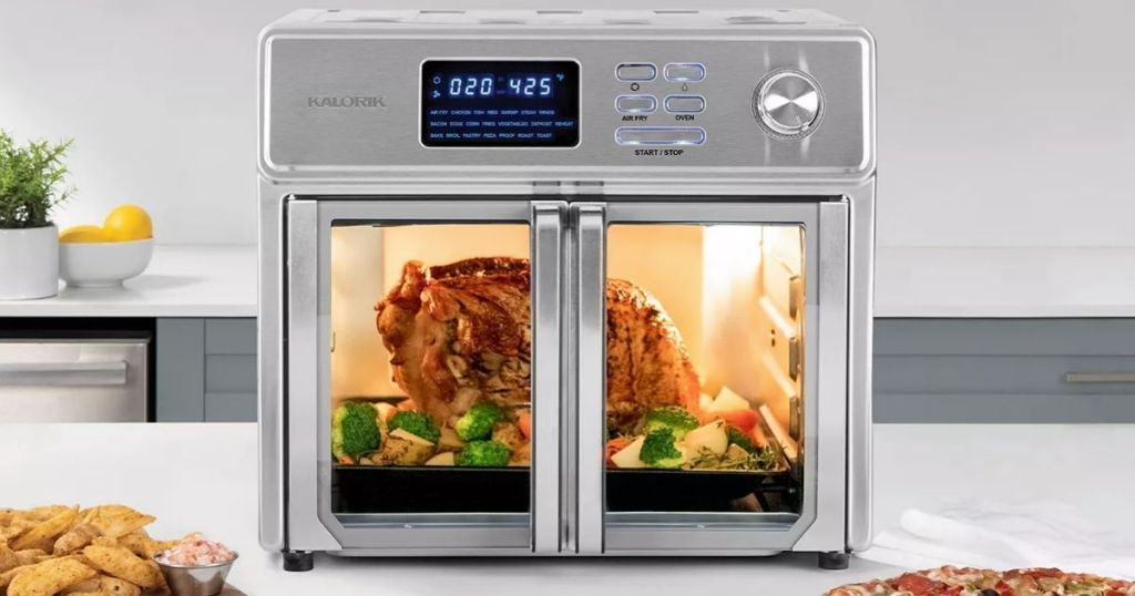 air fryer oven with a chicken inside