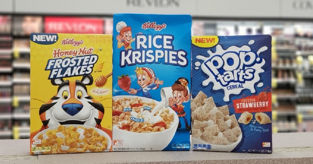 three boxes of cereal on counter in store